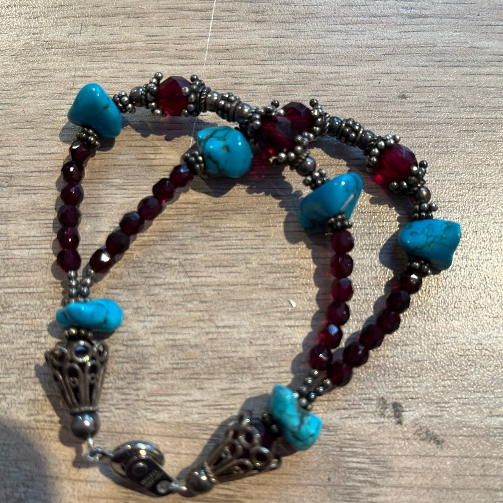 TURQUOISE AND GARNET BEADS NATIVE AMERICAN INSPIRED BRACELET, ball clasp ,